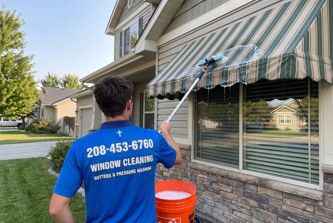 Reflekt crew hand-washing a fabric window awning in the Treasure Valley, Idaho