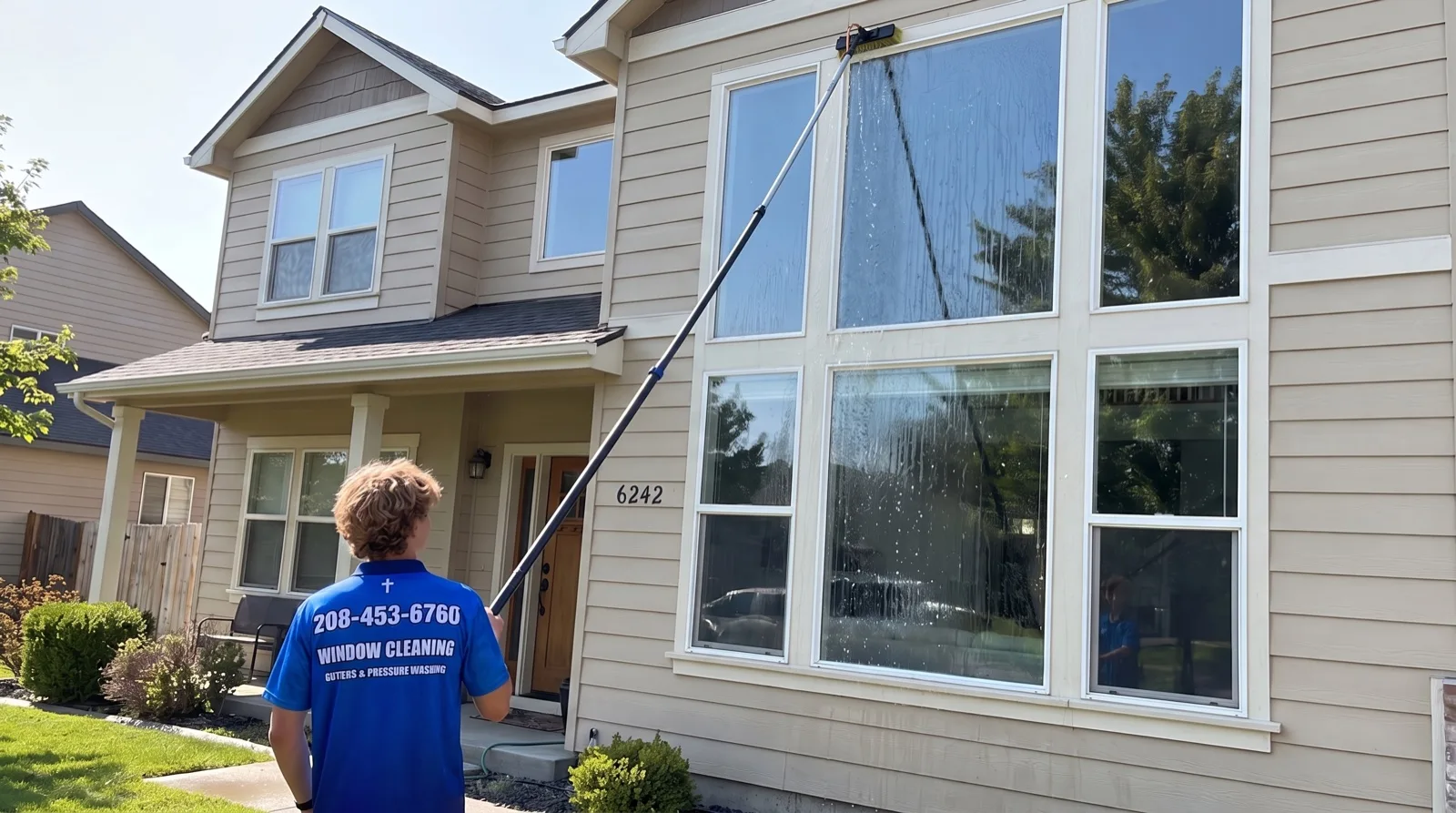 Reflekt technician scrubbing a window