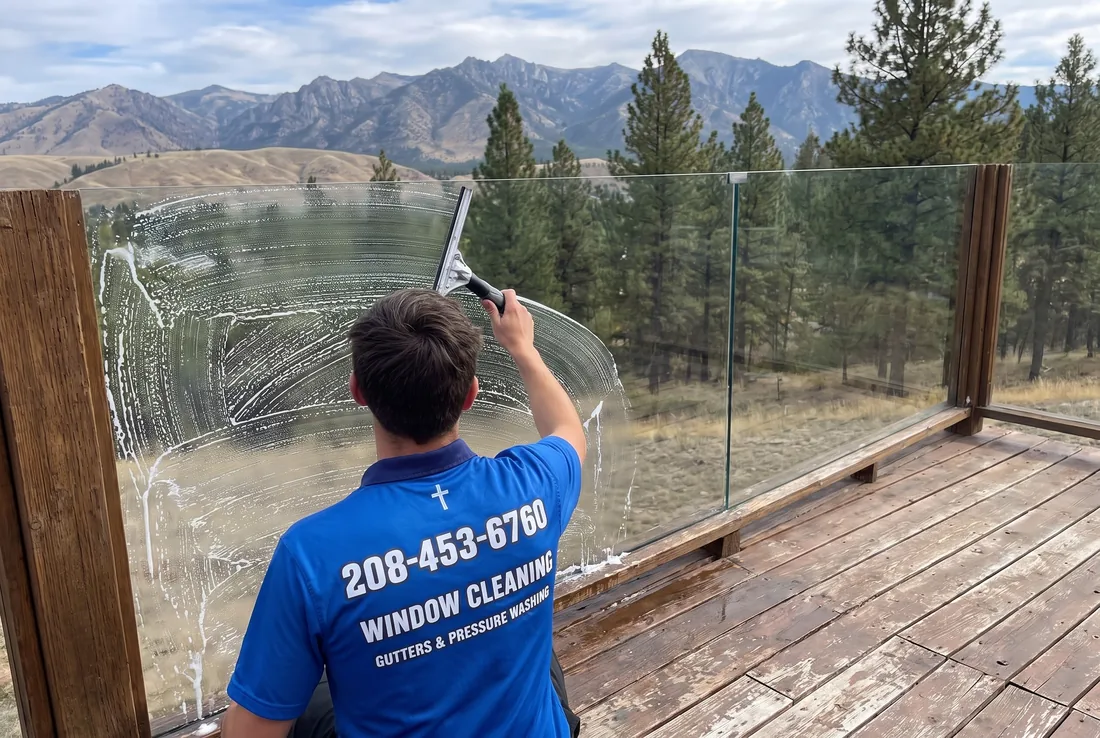 Reflekt crew squeegeeing a glass deck railing in the Treasure Valley, Idaho