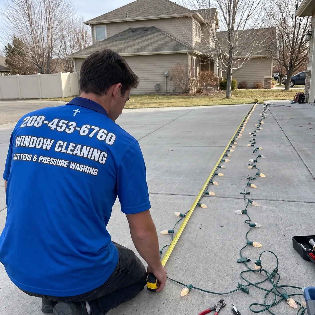 Reflekt technician laying out and custom-cutting a holiday light strand to the roofline in the Treasure Valley