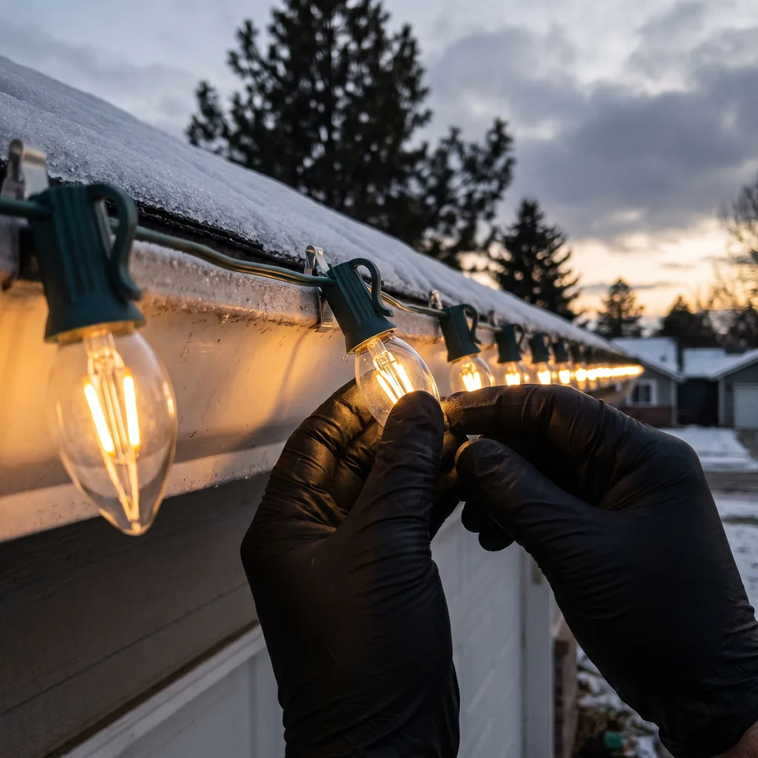 Reflekt crew replacing a single bulb on an installed roofline holiday light strand