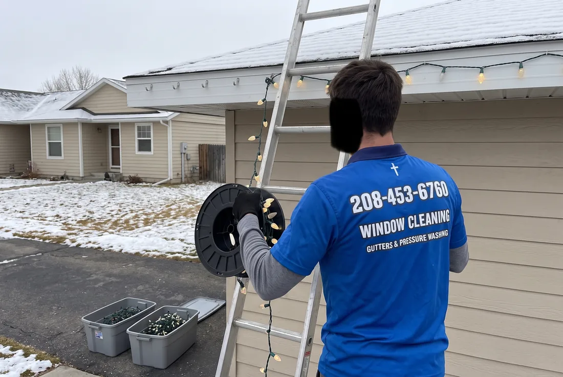 Reflekt crew taking down holiday lights and coiling them into storage totes in January