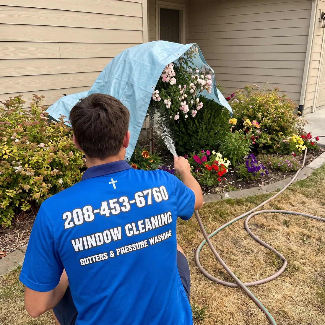 Reflekt technician pre-wetting landscaping before roof cleaning in the Treasure Valley