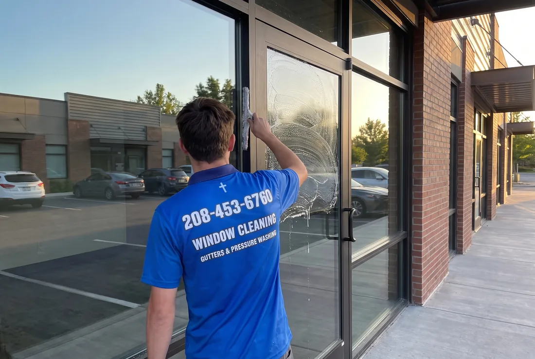 Reflekt crew washing office building entry glass in Boise, Idaho