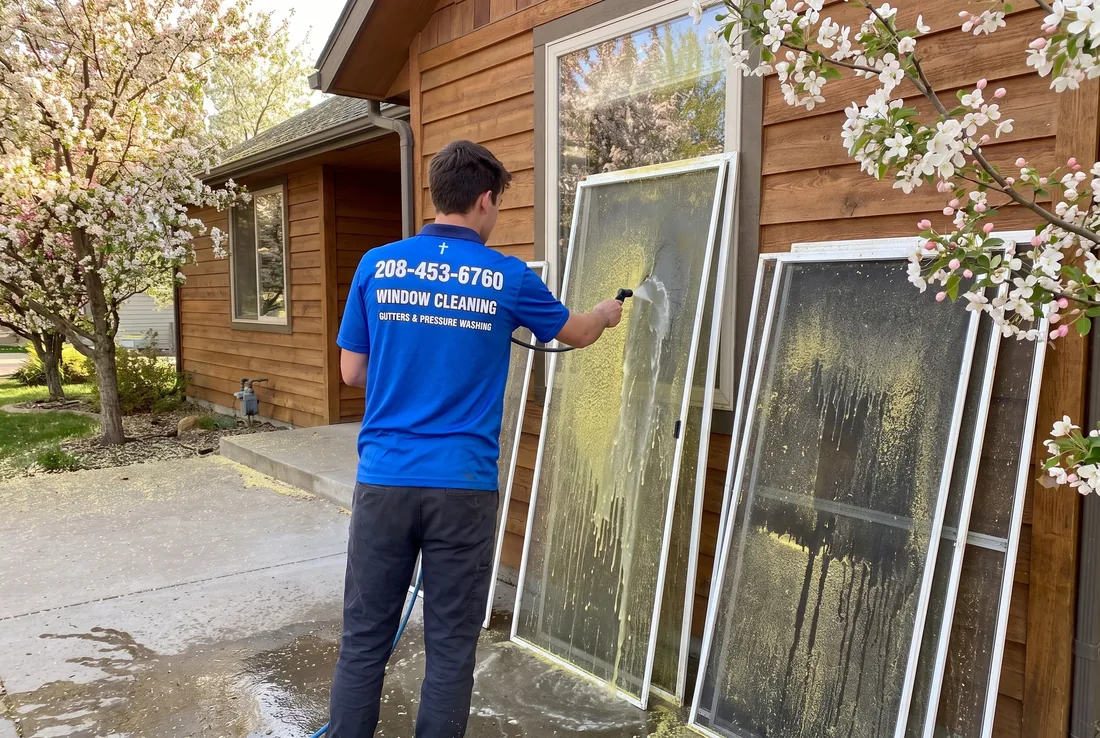 Reflekt crew rinsing window screens clean and letting them fully dry in Boise, Idaho
