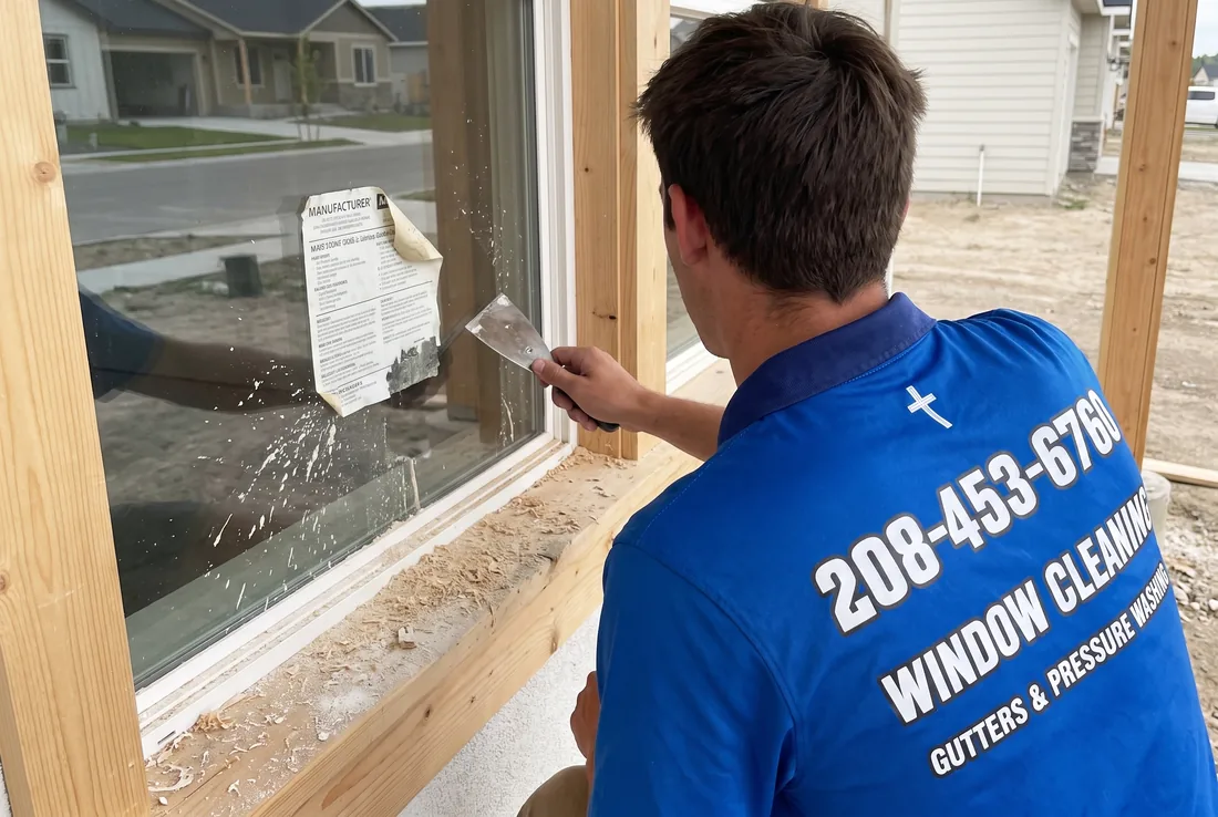 Reflekt technician checking construction residue on a new window in Boise