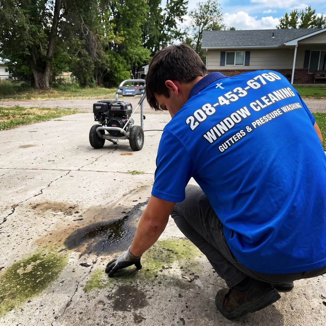 Reflekt technician assessing oil stains and algae on a concrete driveway before pressure washing
