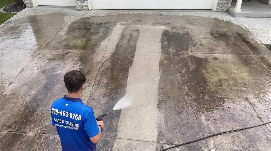 Pressure washing a driveway in Boise, Idaho