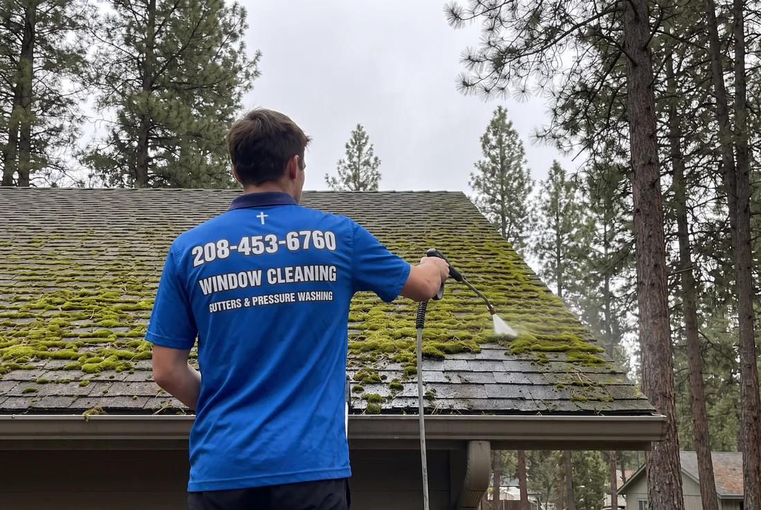 Reflekt technician checking a moss-covered shingle roof before a soft wash in Boise