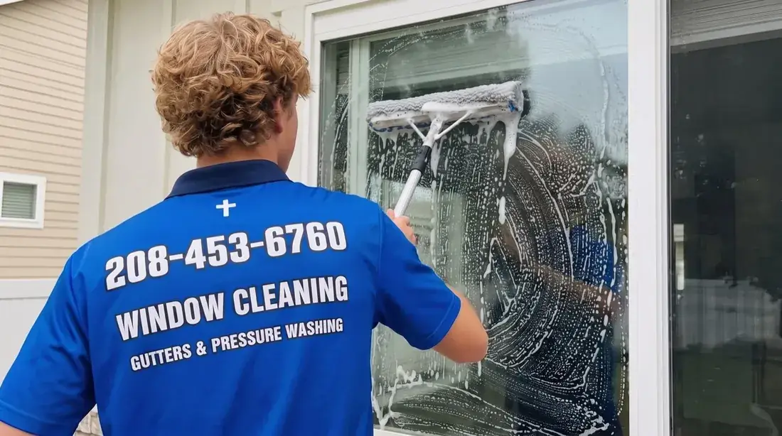 Reflekt crew scrubbing window glass before the squeegee pass in Boise, Idaho