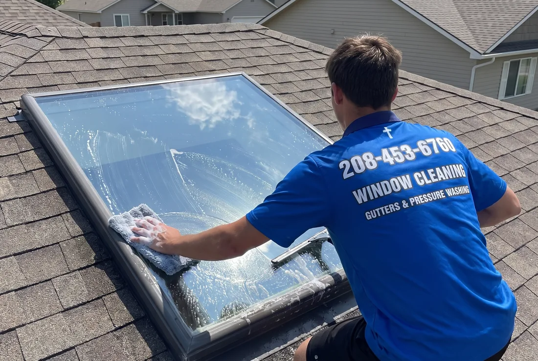 Reflekt crew cleaning a skylight from the roof of a Treasure Valley home