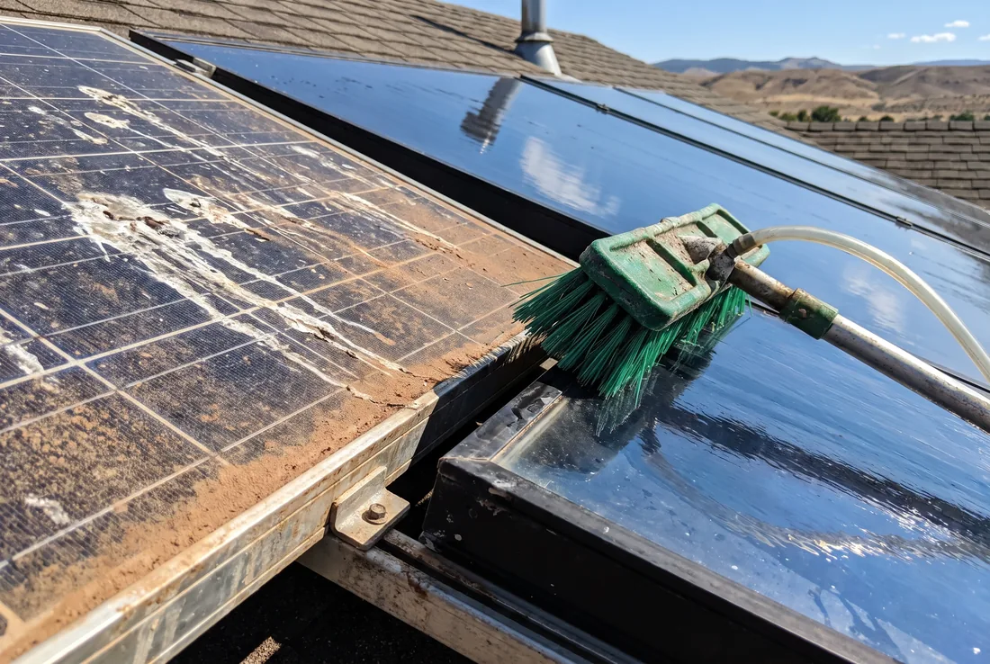 Bird droppings and high-desert dust being washed off rooftop solar panels in Idaho