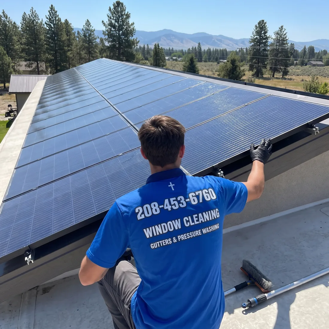 Reflekt technician checking a freshly cleaned rooftop solar array for any remaining spots in Boise, Idaho