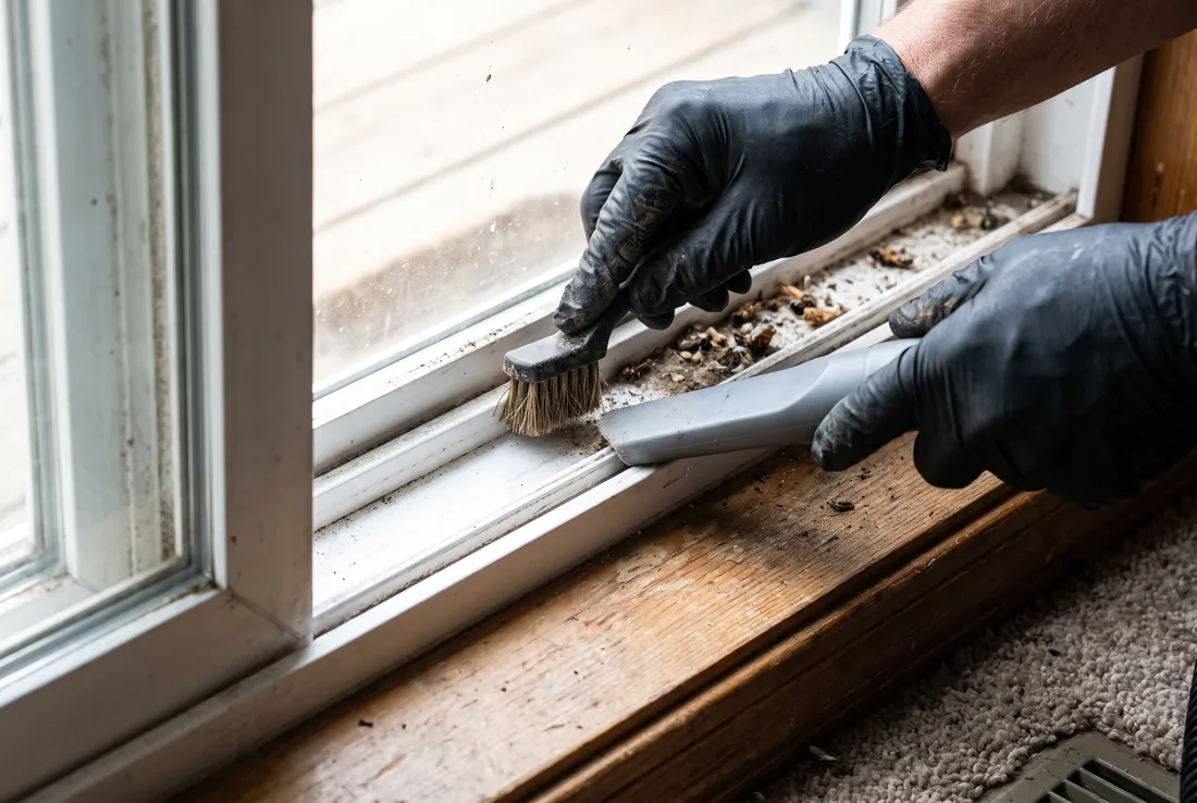 Reflekt technician brushing and vacuuming out a window track and sill in a Treasure Valley home