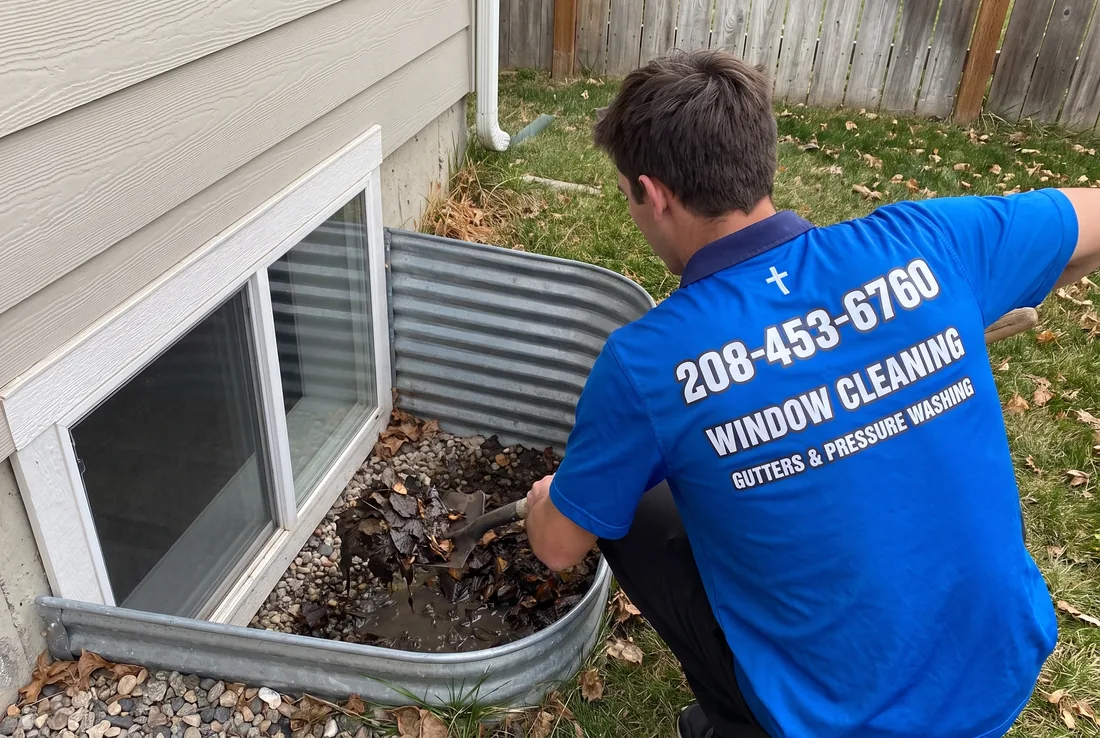 Reflekt crew clearing leaves and debris out of a basement window well in the Treasure Valley