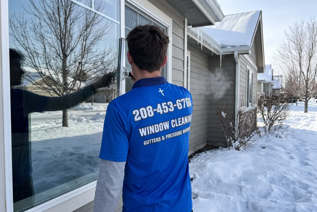 Reflekt crew cleaning windows on a clear winter day in the Treasure Valley, Idaho